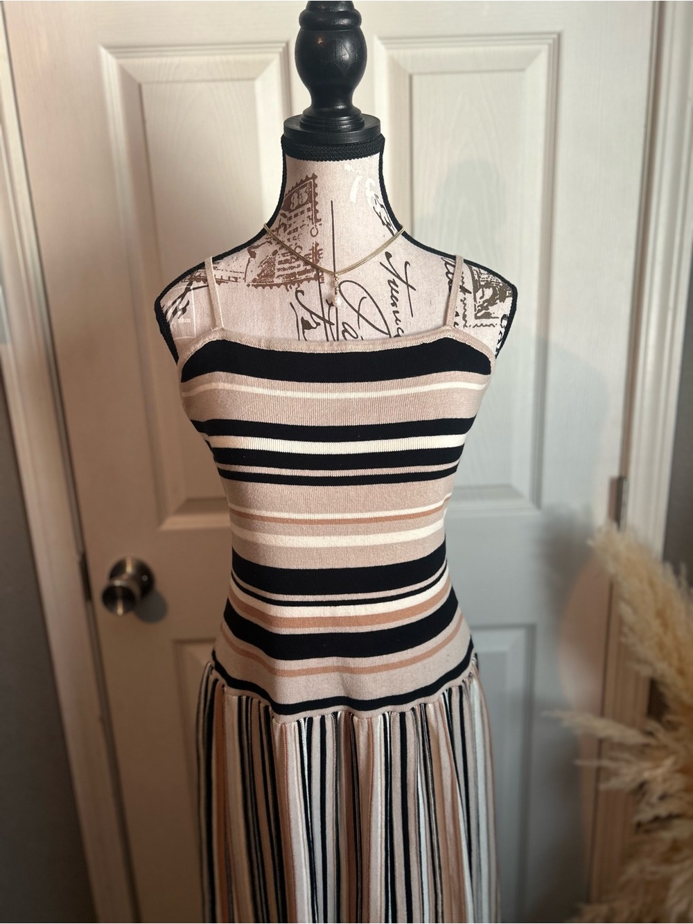 Striped Spaghetti‑Strap Midi Dress in Black & Cream